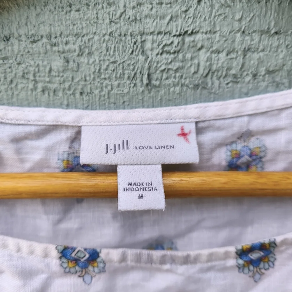 J Jill Love Linen Floral Boho Button Down Sides Tunic sz M Ivory Blue Beach Boh